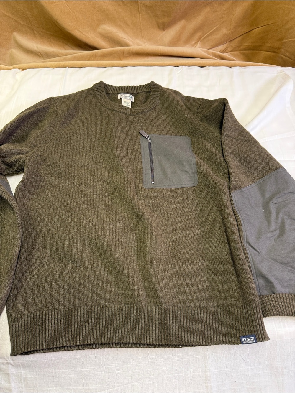 L.L. Bean Olive Crewneck Sweater with Zip Chest Pocket - Picture 1 of 6